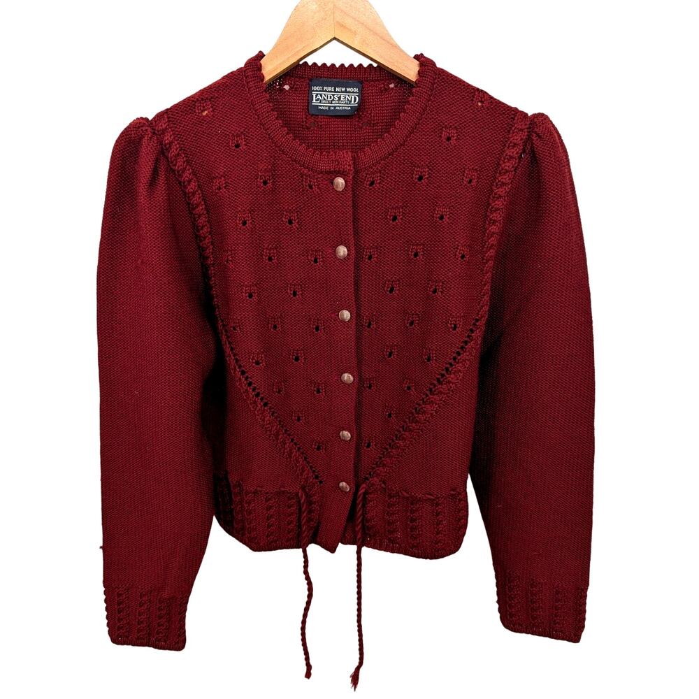 Vintage Lands' End Wool Cardigan Small Burgundy Puff Sleeve Cottagecore Sweater